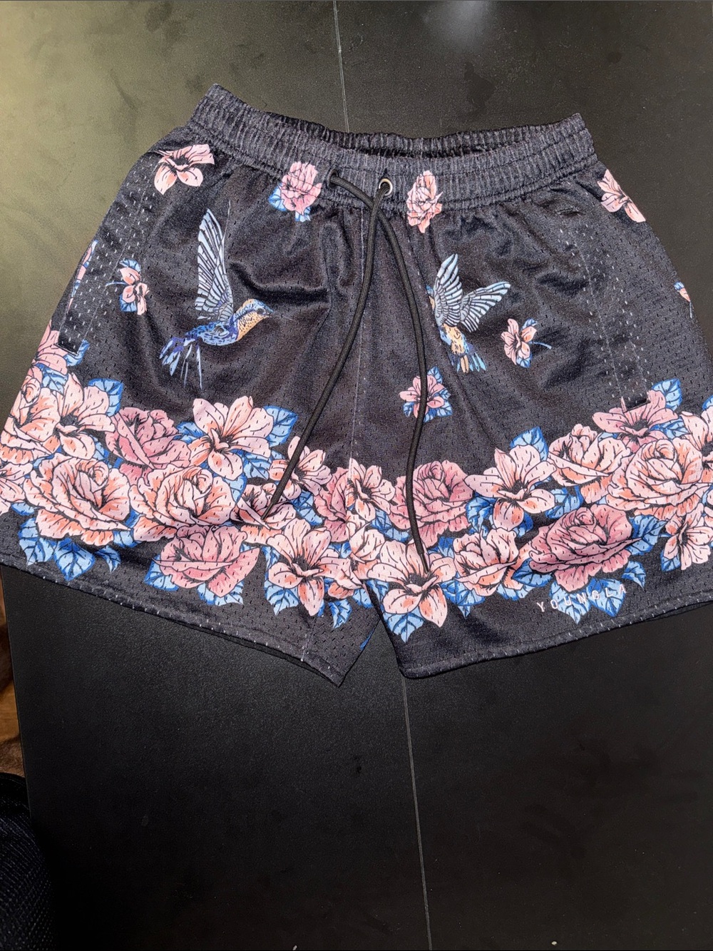 YoungLA Black Athletic Shorts with Pink Floral & Blue Hummingbird Print